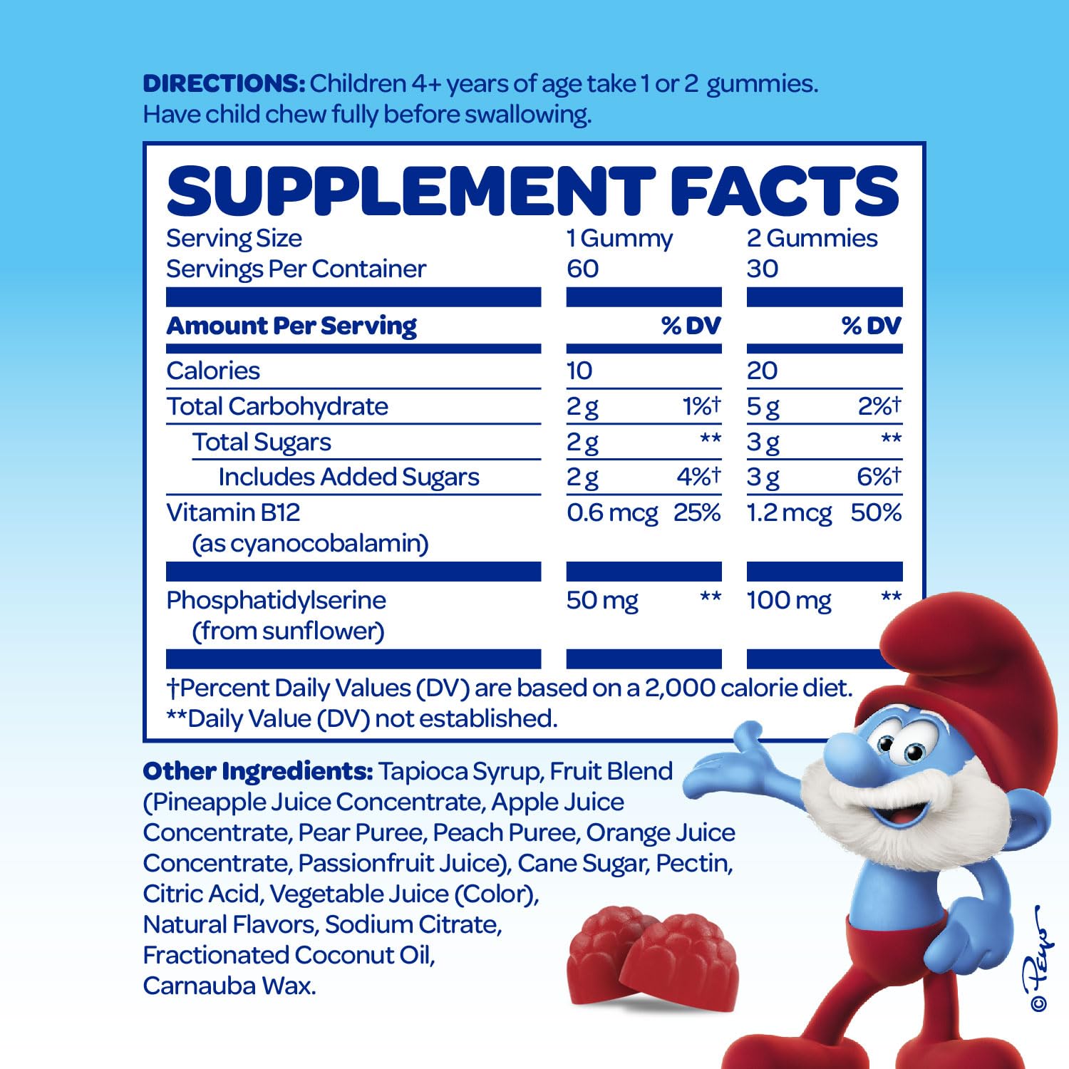 VITABURST Smurfs Kids Gummies bottle open showing vibrant colors for daily focus