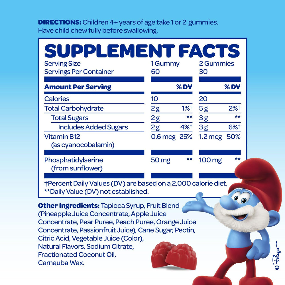 VITABURST Smurfs Kids Gummies bottle open showing vibrant colors for daily focus