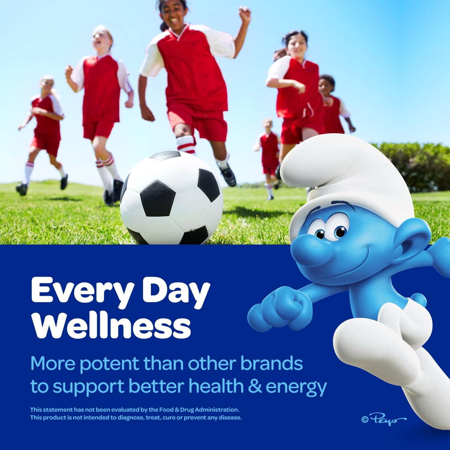Vitamin panel on Vitaburst Smurfs bottle highlighting 100% DV vitamins.