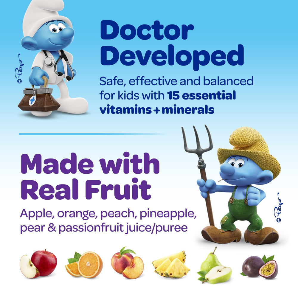 Vitaburst Smurfs real fruit juices image emphasizing Smurf Berry flavor.