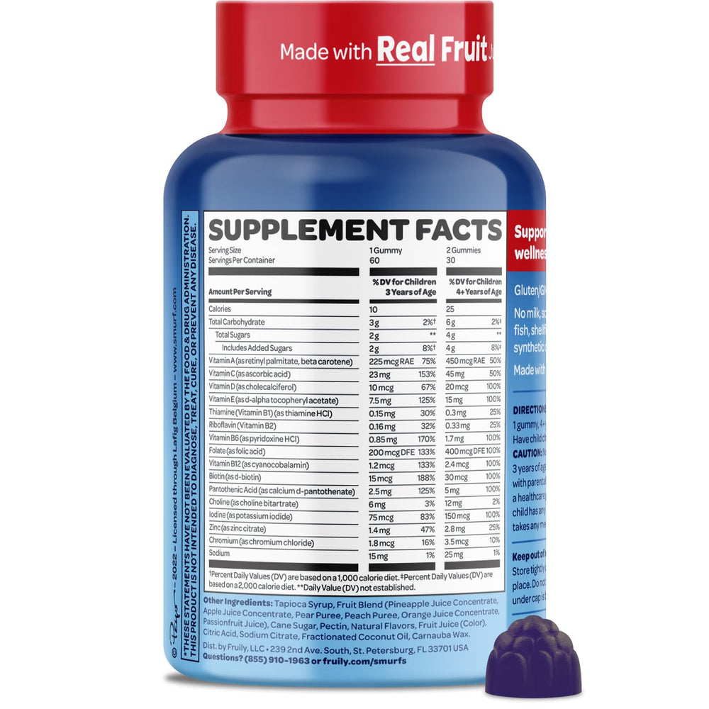 Vitaburst Smurfs Kids Multivitamin Gummies bottle closeup doctor-developed daily nutrition.