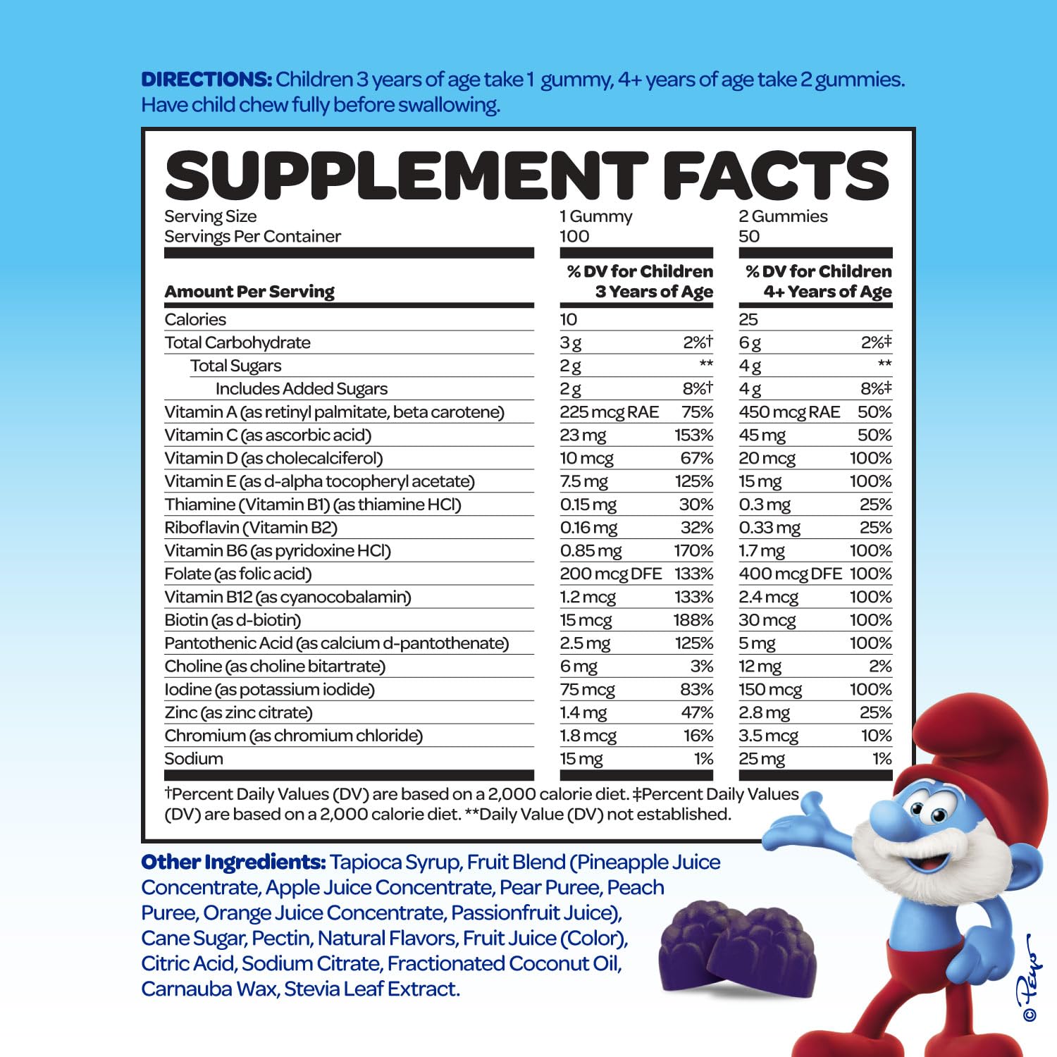 Vitaburst Smurfs packaging featuring kid-friendly daily health routine.