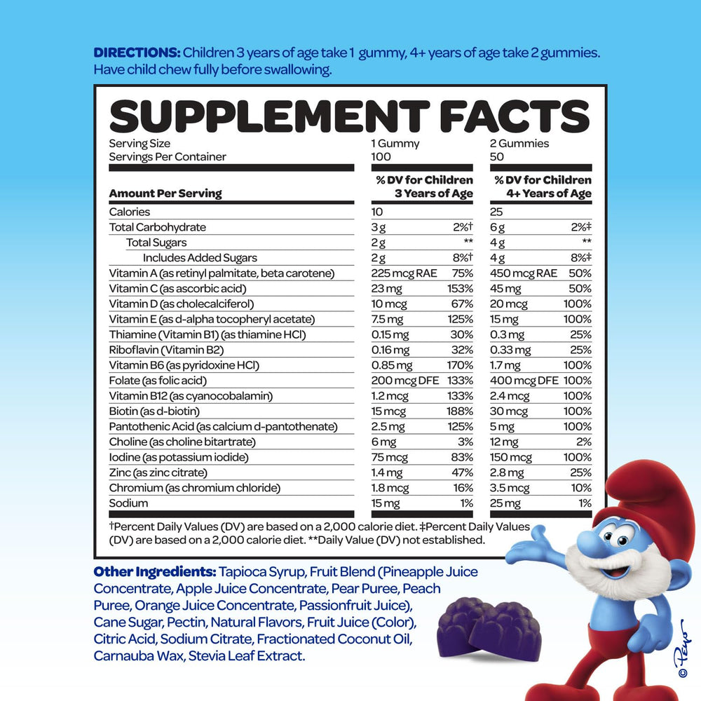 Vitaburst Smurfs packaging featuring kid-friendly daily health routine.
