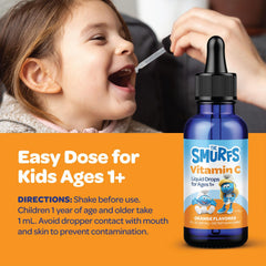 VITABURST Smurfs vitamin C bottle with kid-friendly packaging on counter.