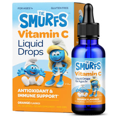 VITABURST Smurfs vitamin C drops for kids bottle close-up, orange flavor and immune wellness.