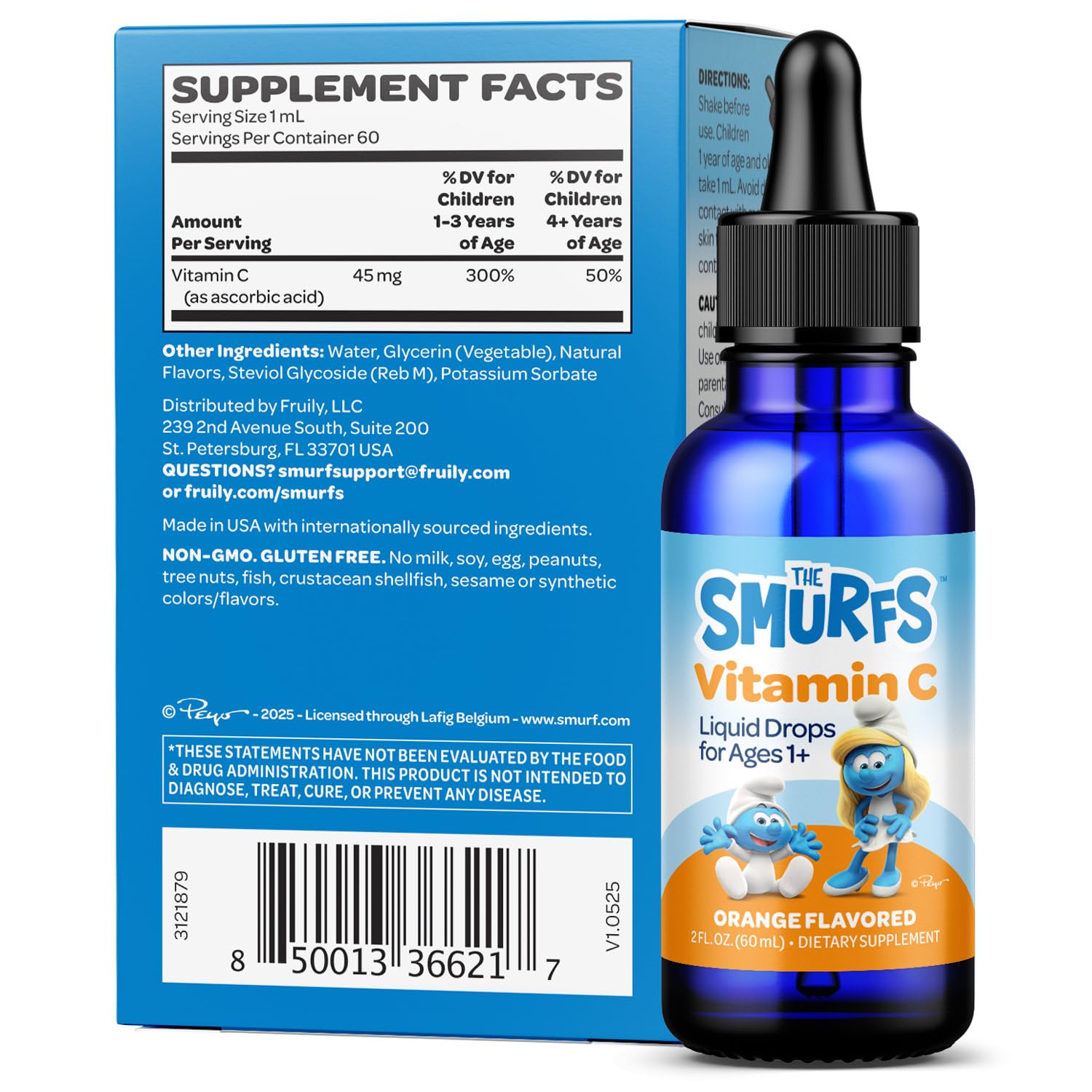 VITABURST Smurfs liquid vitamin C drops showing 45 mg dose for daily use.