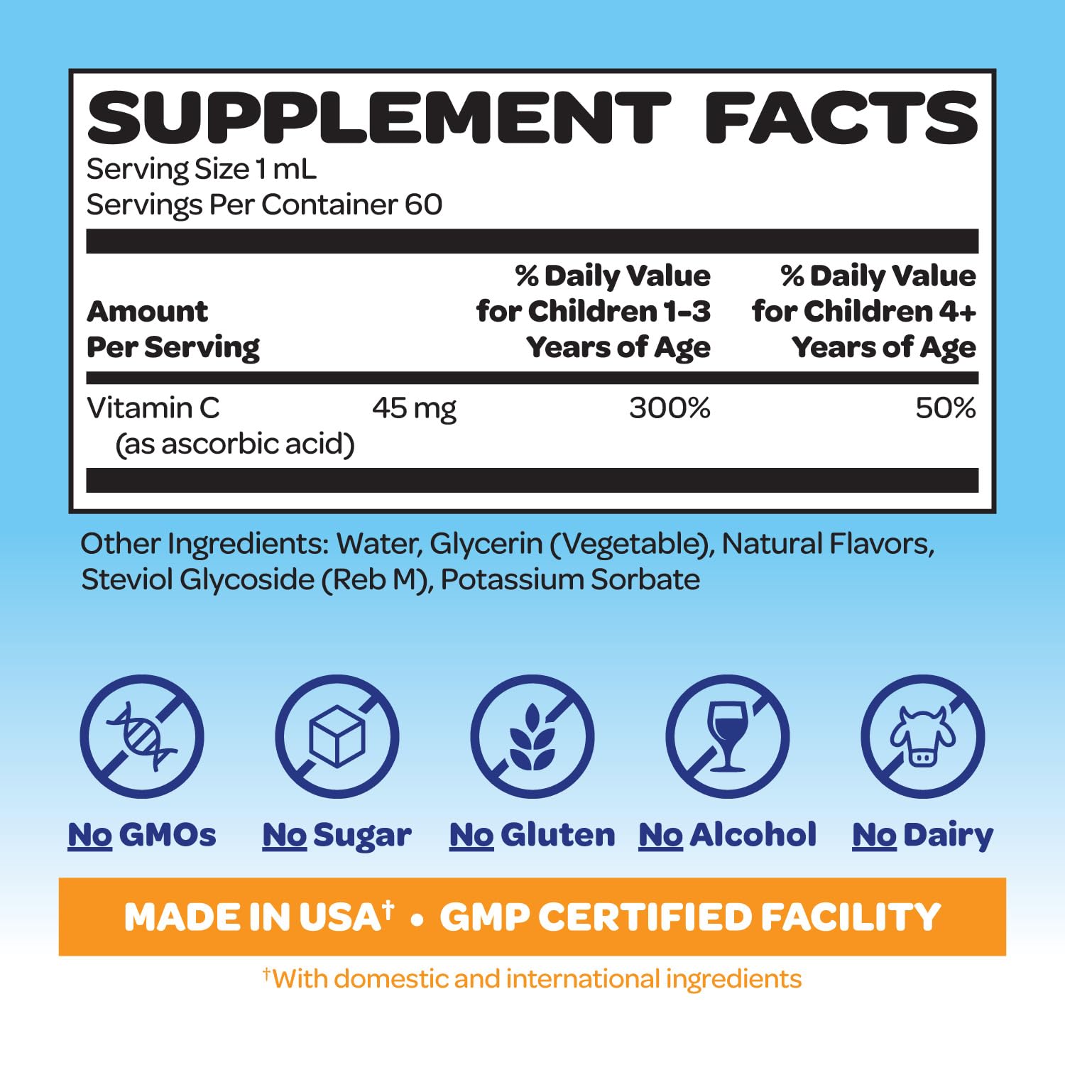 VITABURST Smurfs vitamin C kids drops label close-up, no artificial flavors.