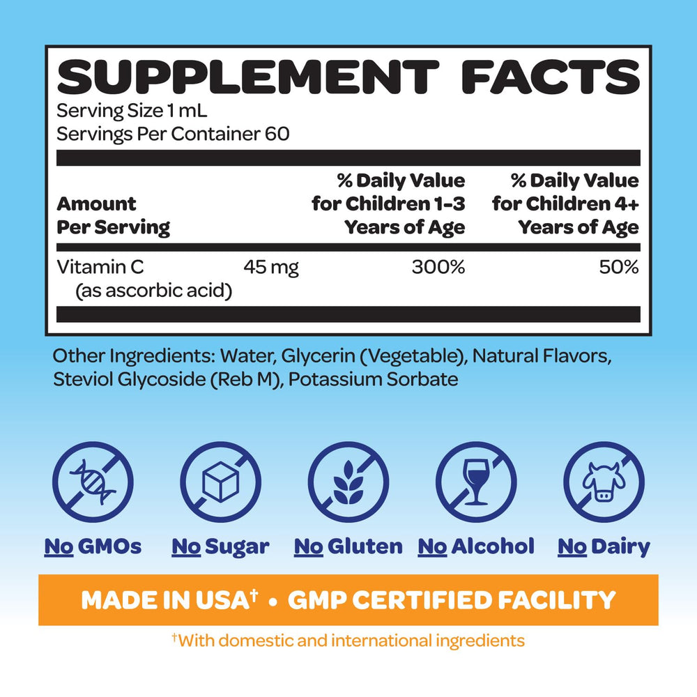 VITABURST Smurfs vitamin C kids drops label close-up, no artificial flavors.