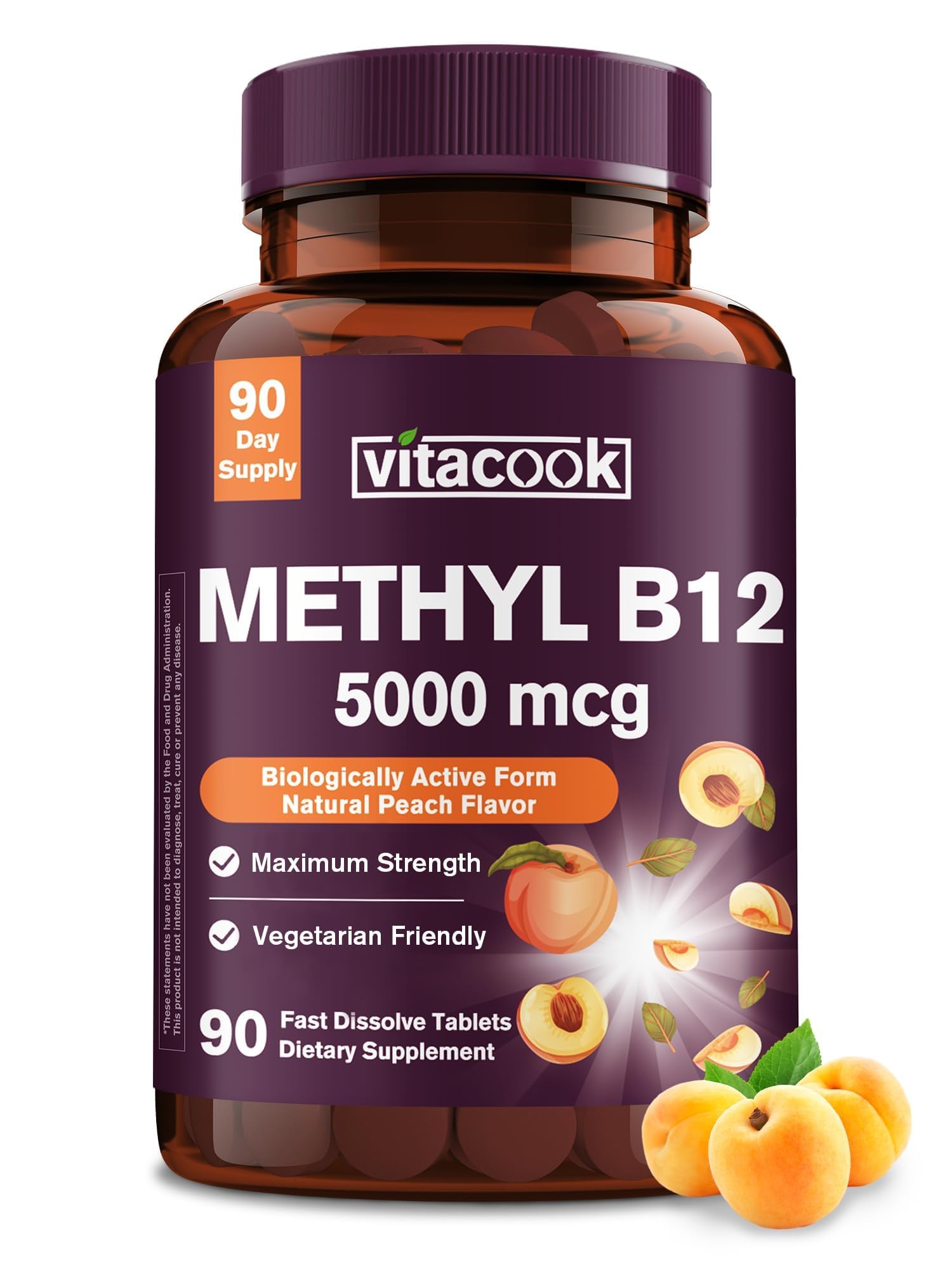 Vitacook B12 peach bottle closeup showing vegan, sugar-free energy support.