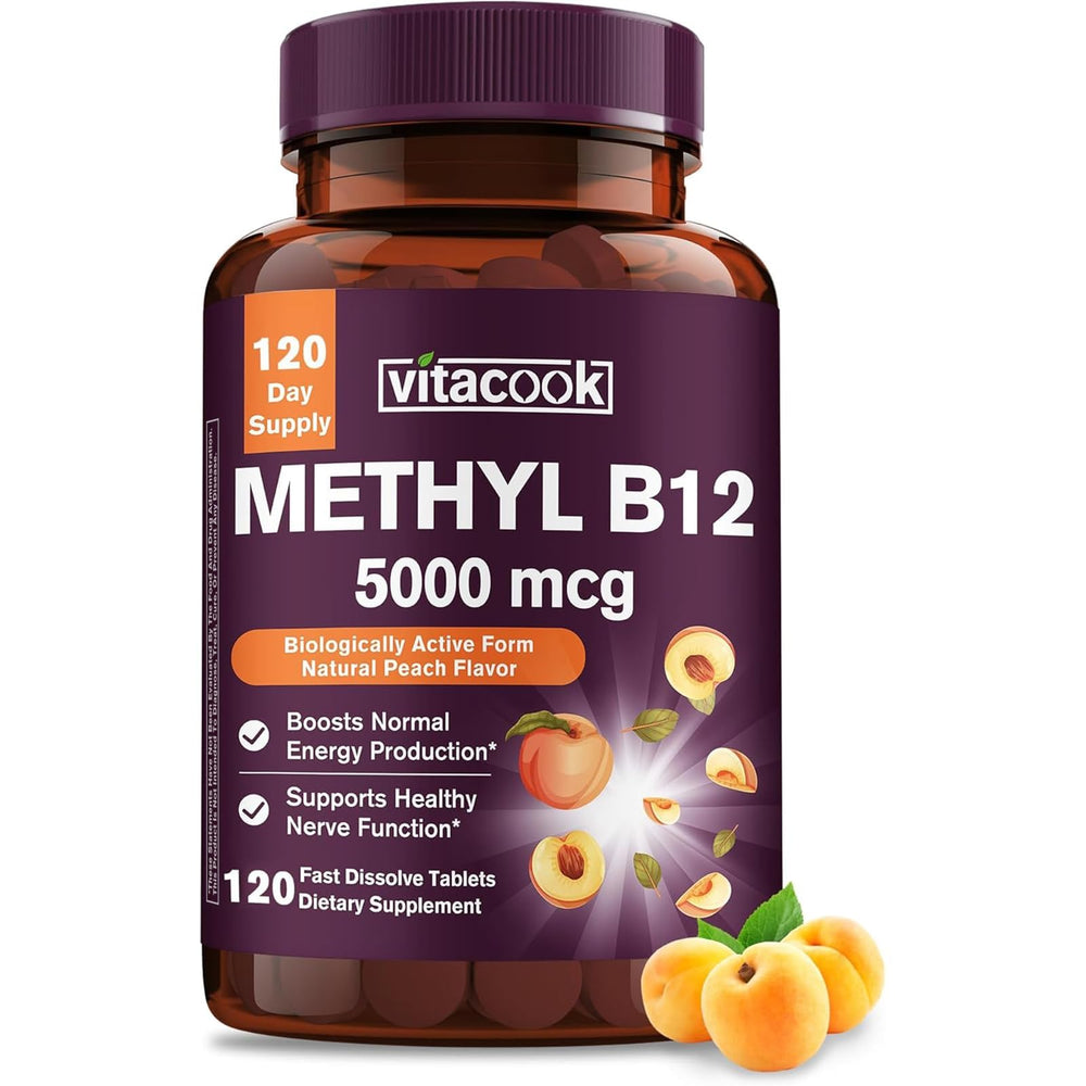 Vitacook B12 sublingual tablets peach flavor dissolving quickly for convenient energy support.