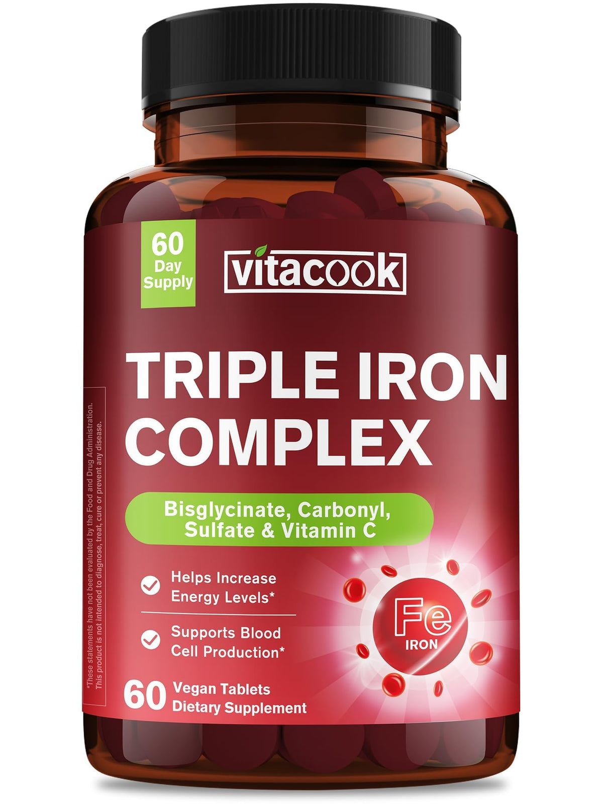 Vitacook iron supplement bottle displaying the vegan 3-in-1 formula for gentle iron support