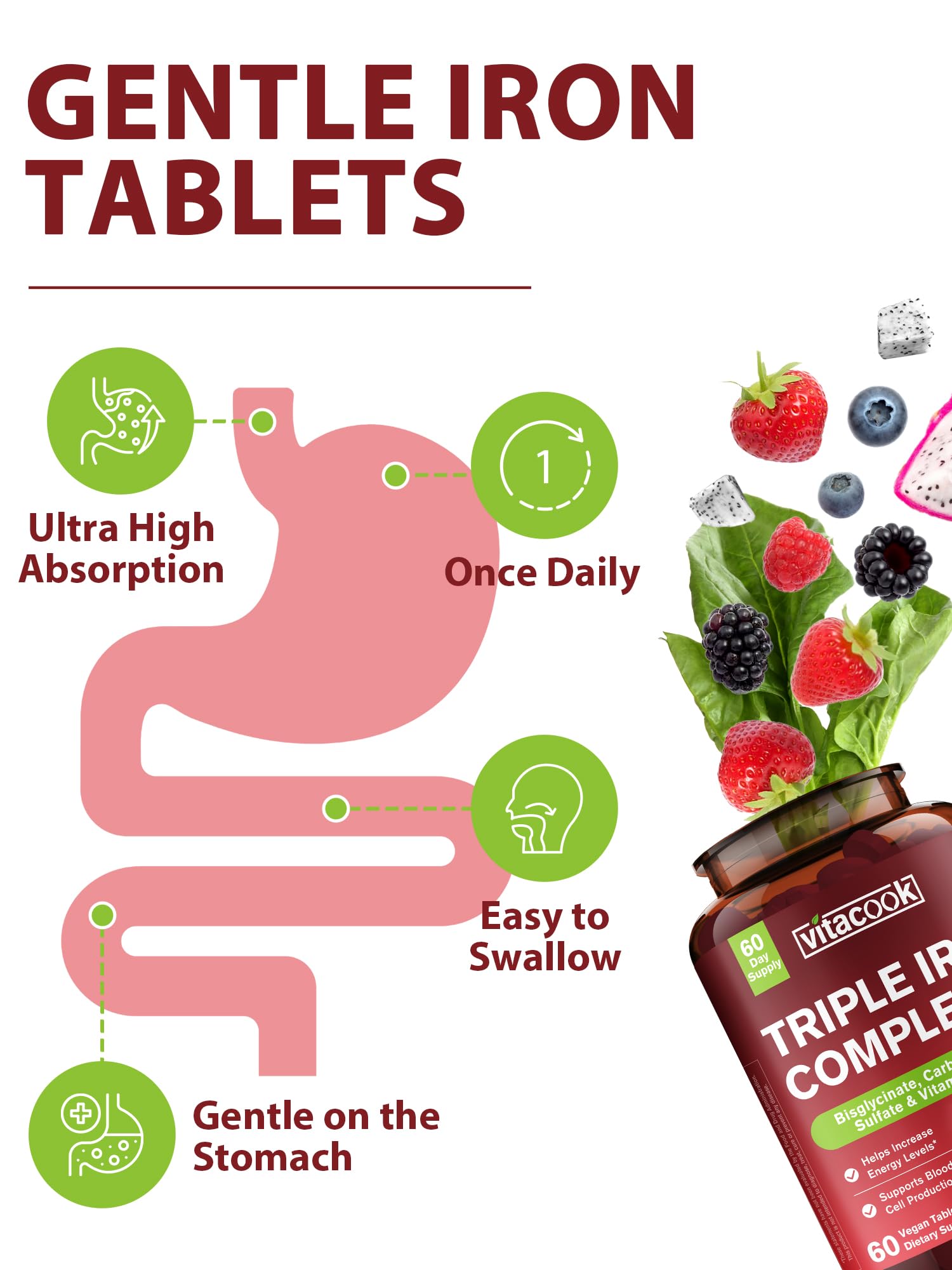 Vitacook iron supplement label with non-GMO and USA-made assurances