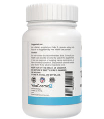 VitaCosmoX bottle cap closeup with gluten-free and non-GMO claim