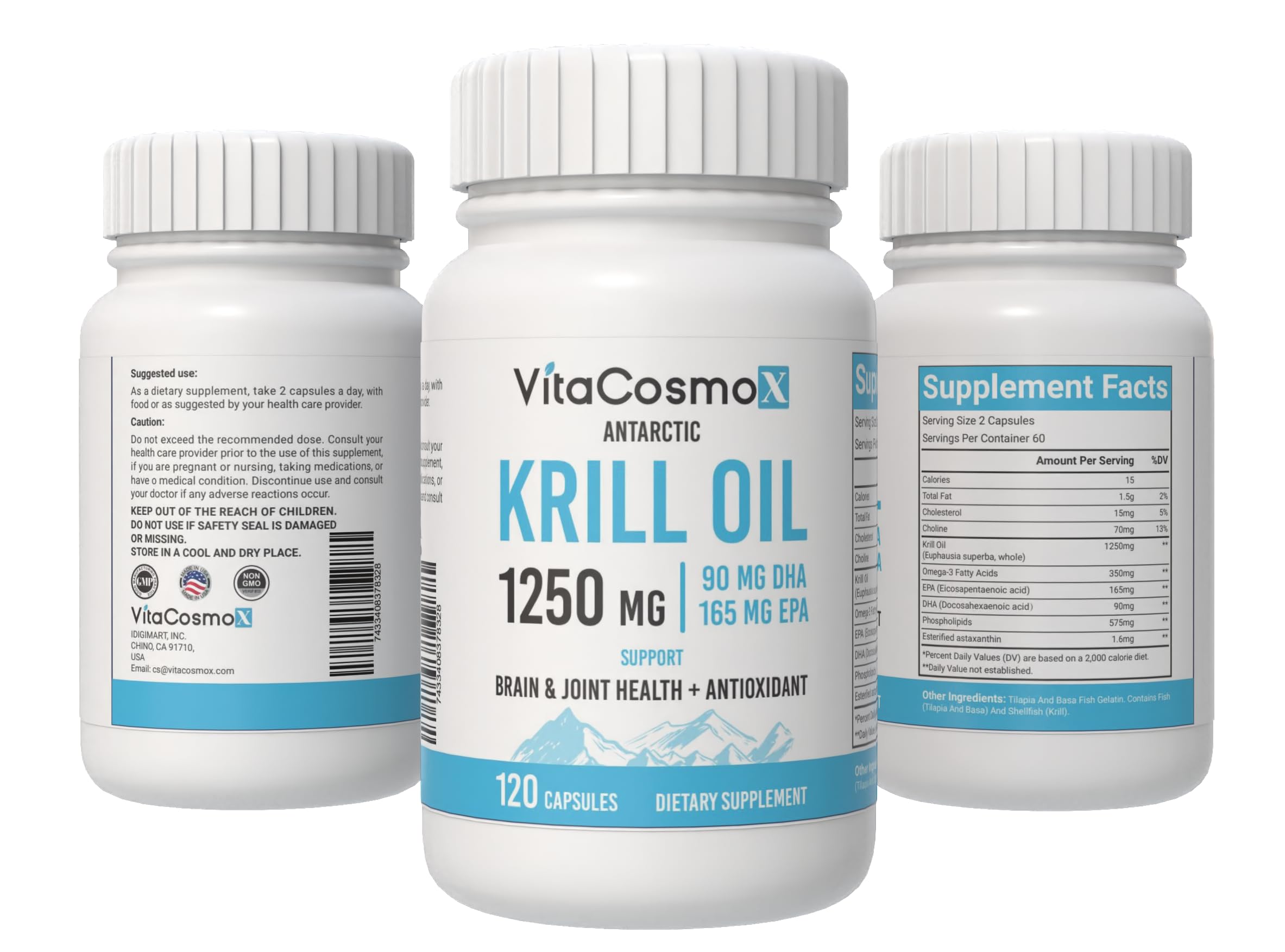 VitaCosmoX serving suggestion shows 1-2 softgels daily usage