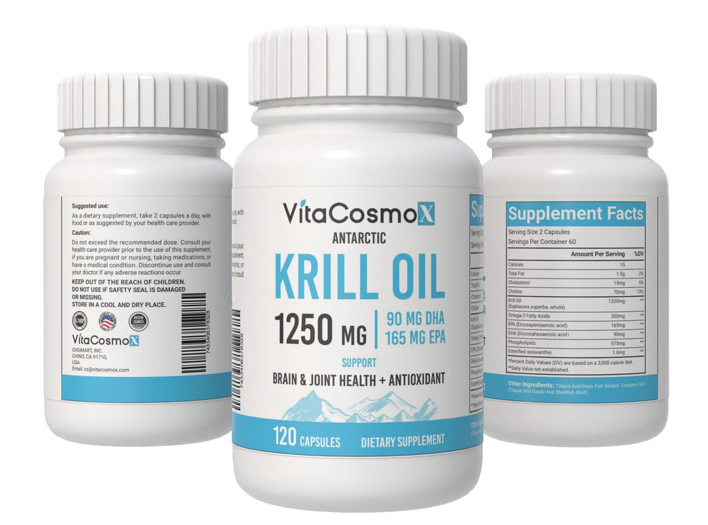VitaCosmoX serving suggestion shows 1-2 softgels daily usage