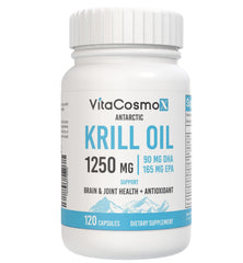 VitaCosmoX Antarctic Krill Oil softgels closeup, easy-to-swallow daily supplement