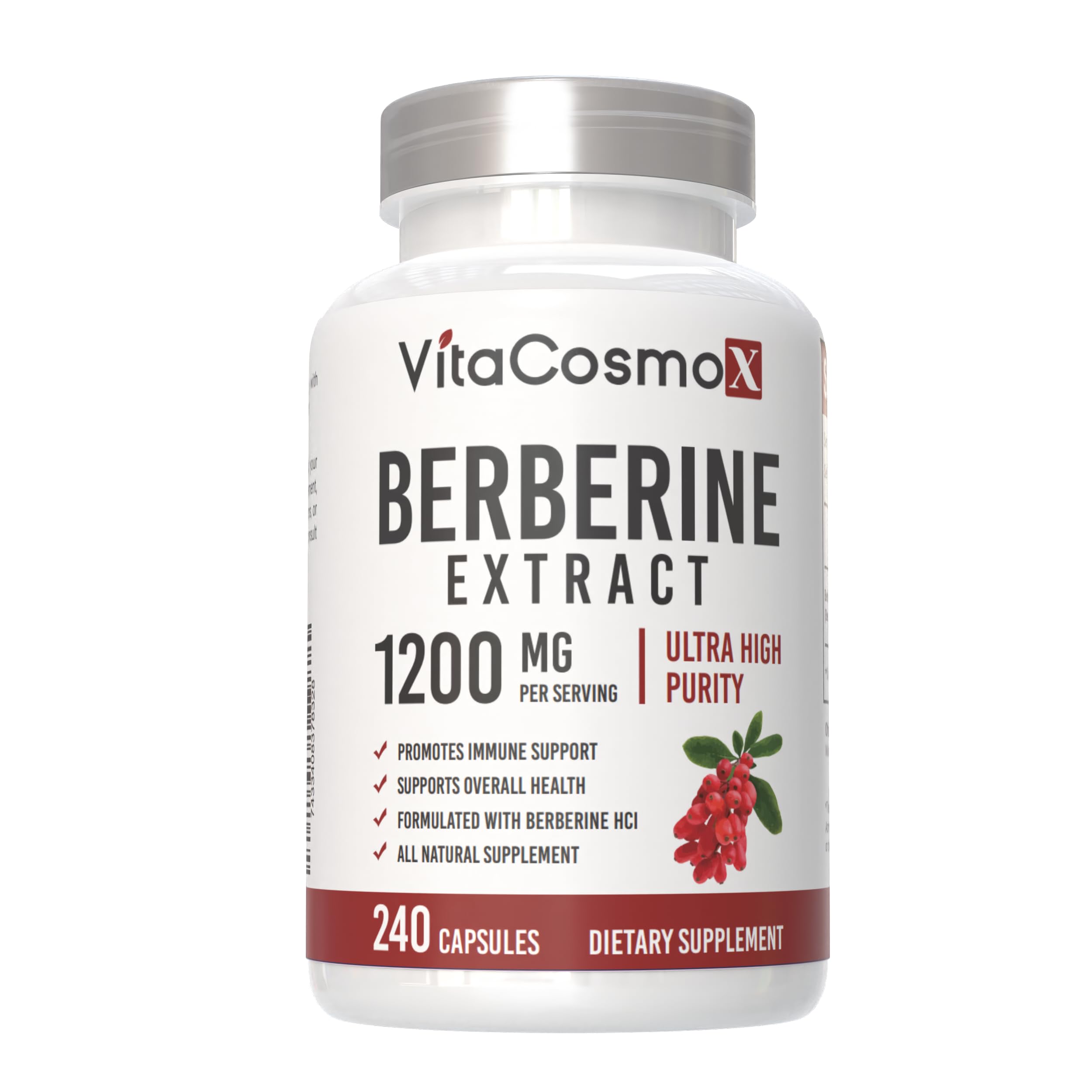 VitaCosmoX Berberine HCl bottle front showing the product and dosage details.