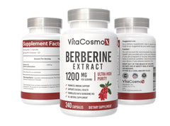 Close-up of VitaCosmoX Berberine HCl veggie capsules.