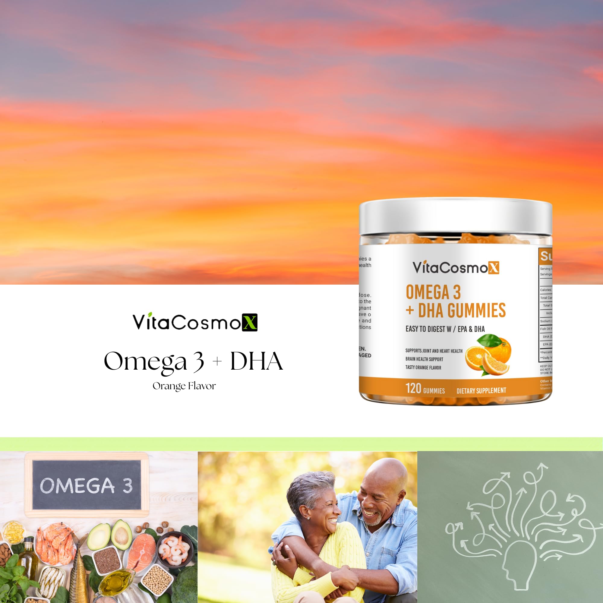 VitaCosmoX Omega-3 gummies algae-source icon emphasizes sustainable DHA production