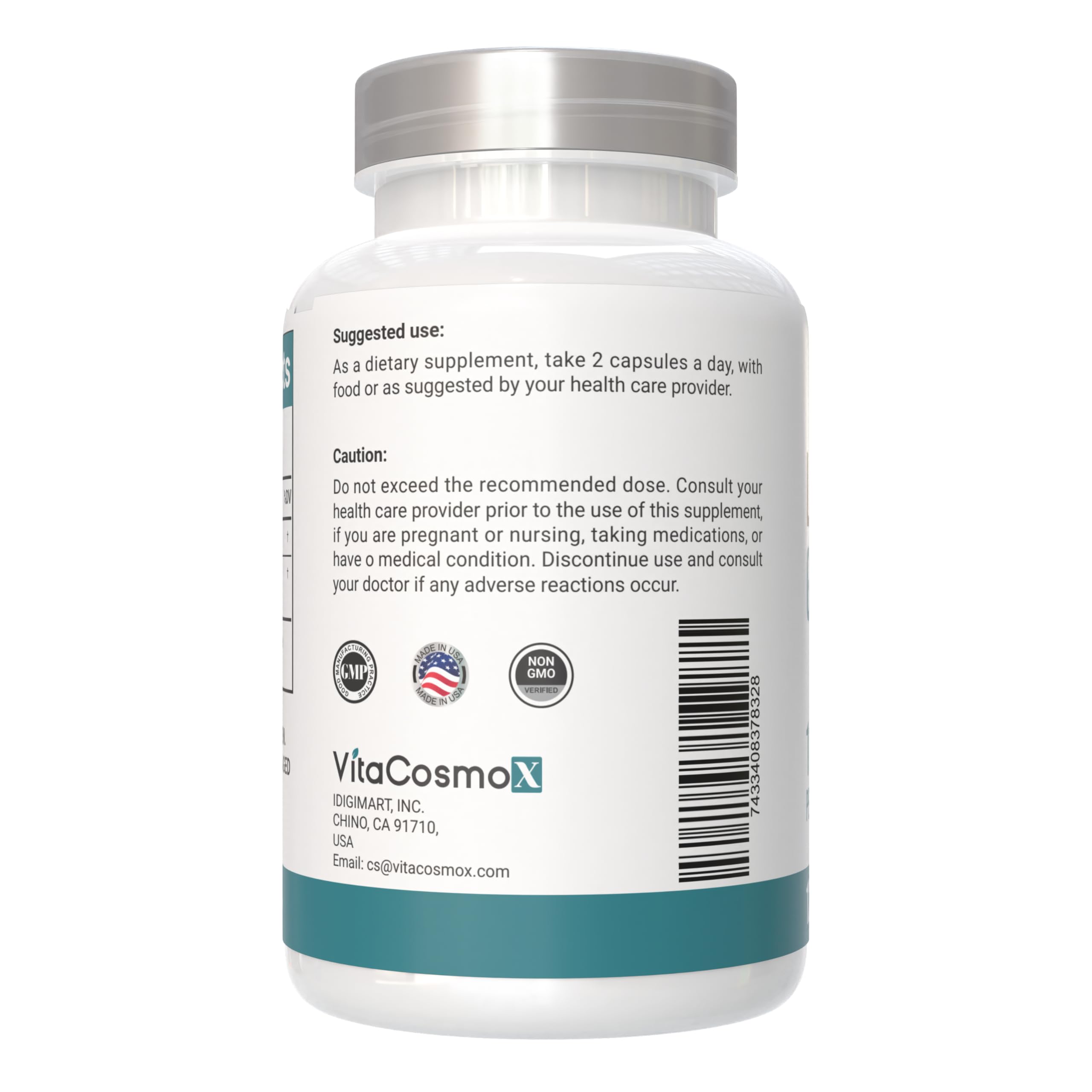Label detail of VitaCosmoX highlighting dosage and ingredients