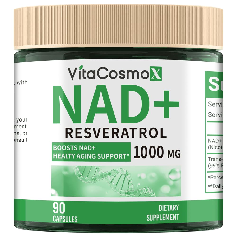VitaCosmoX NAD+ with Resveratrol bottle on shelf signaling premium wellness packaging for daily use