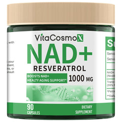 VitaCosmoX NAD+ with Resveratrol bottle on shelf signaling premium wellness packaging for daily use