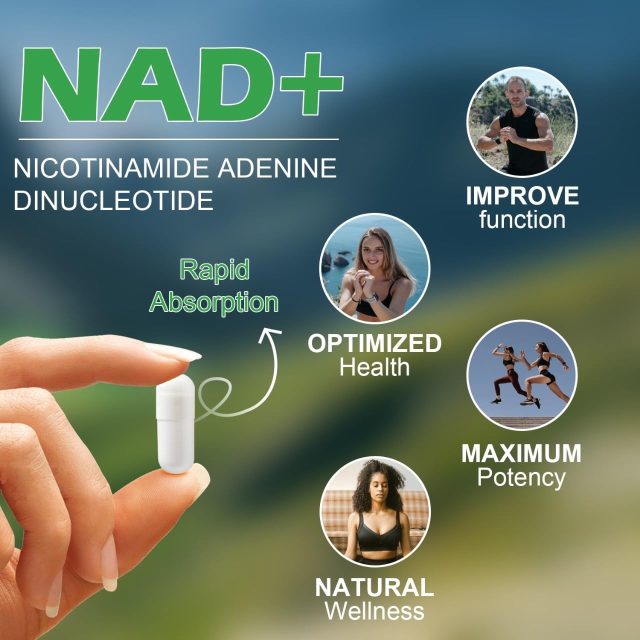 Close-up of VitaCosmoX NAD+ capsules highlighting the 1000 mg dose per serving