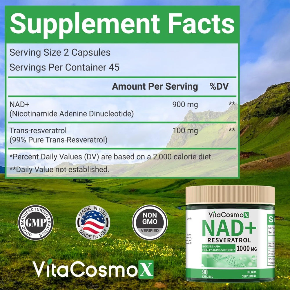 Serving image for VitaCosmoX NAD+ showing two capsules for daily intake