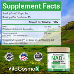 Serving image for VitaCosmoX NAD+ showing two capsules for daily intake