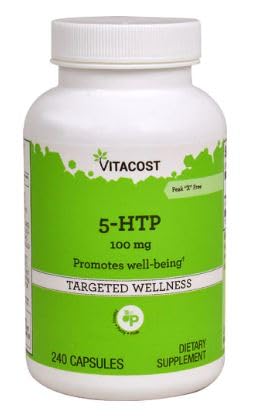 Vitacost 5-HTP bottle front showing 240 capsules for daily mood support possibilities.