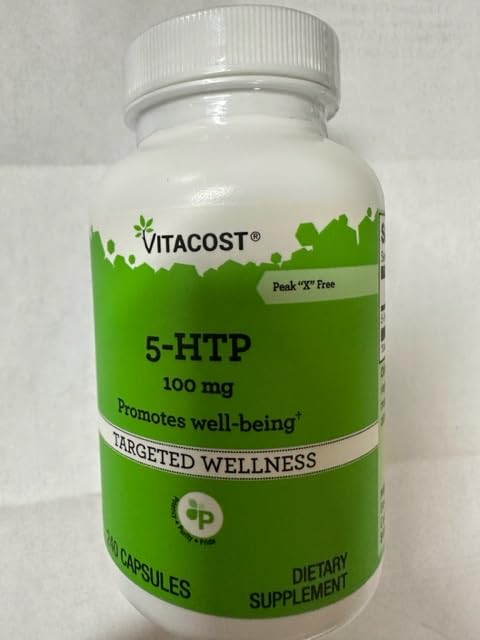 Vitacost 5-HTP bottle on shelf, ready for daily routine.