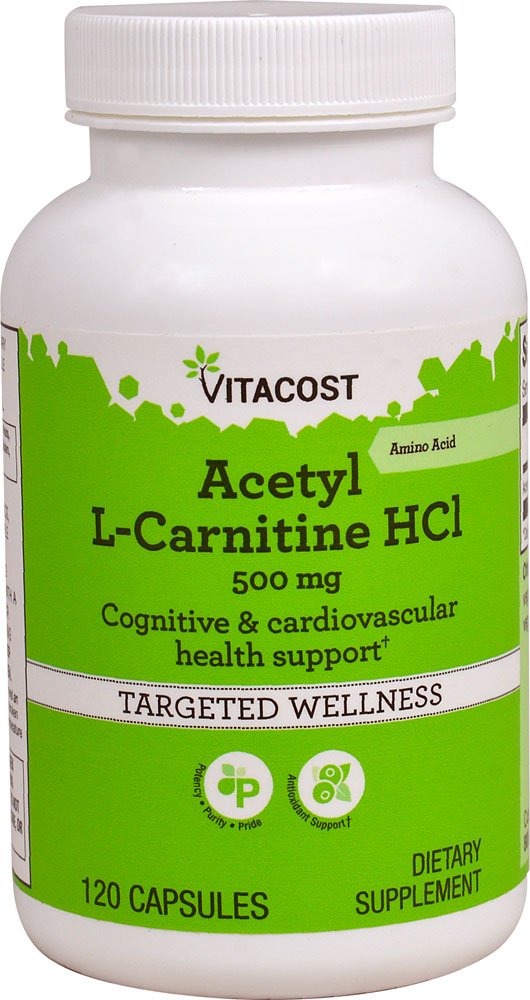 Vitacost Acetyl L-Carnitine HCl 500 mg capsules, front view, supports daily energy and focus.