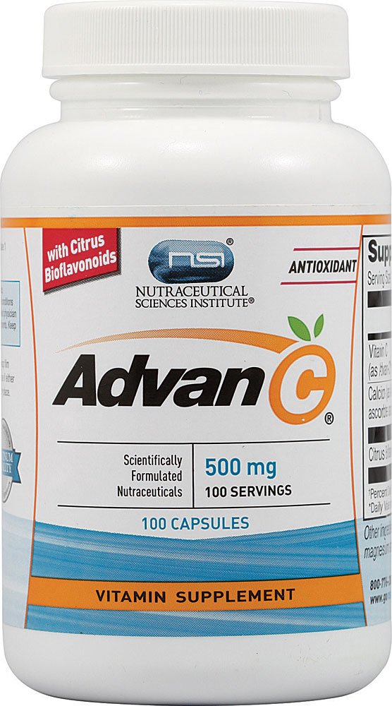 Vitacost Advan-C bottle with citrus bioflavonoids promoting collagen support and digestion-friendly Vitamin C.