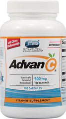 Vitacost Advan-C bottle with citrus bioflavonoids promoting collagen support and digestion-friendly Vitamin C.