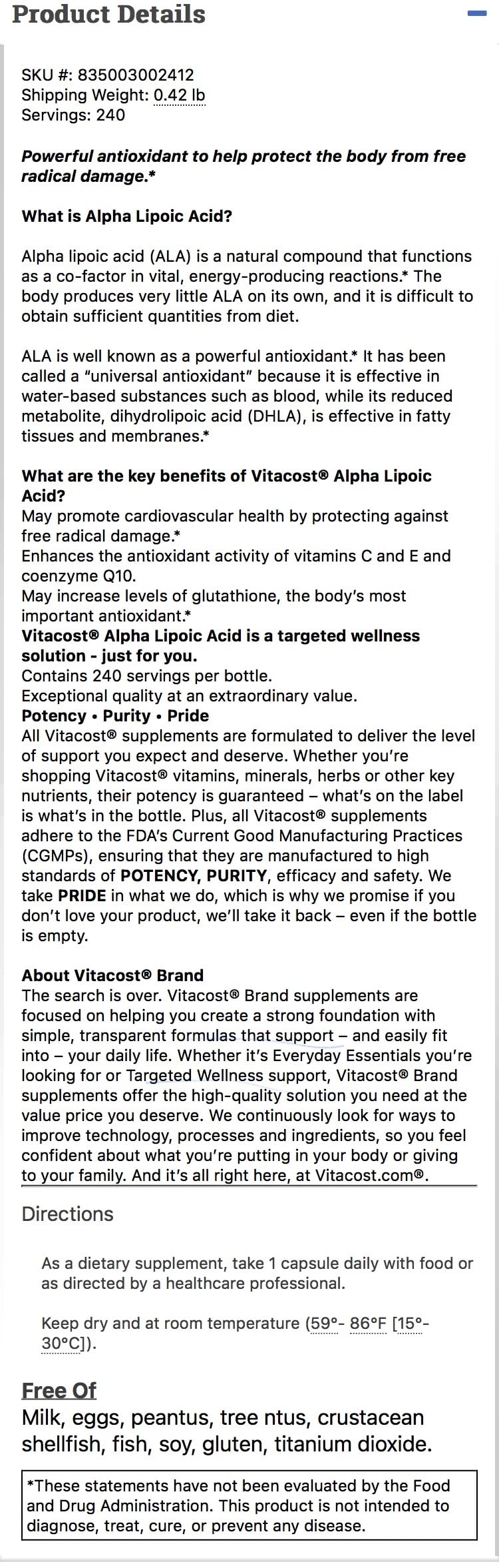 Vitacost Alpha Lipoic Acid bottle back label noting glutathione support potential