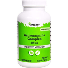 Vitacost Ashwagandha Complex bottle showing standardized extract and root powder for daily wellness