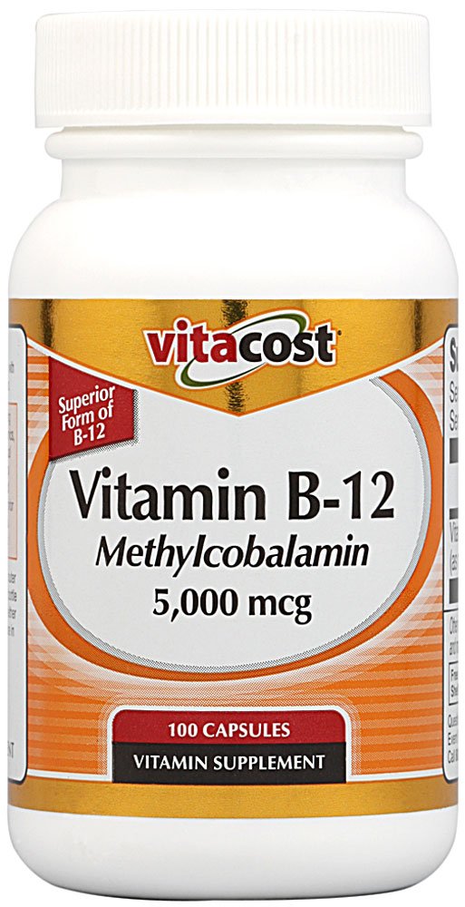 Vitacost B-12 Methylcobalamin 5000 mcg bottle highlights high-potency energy support