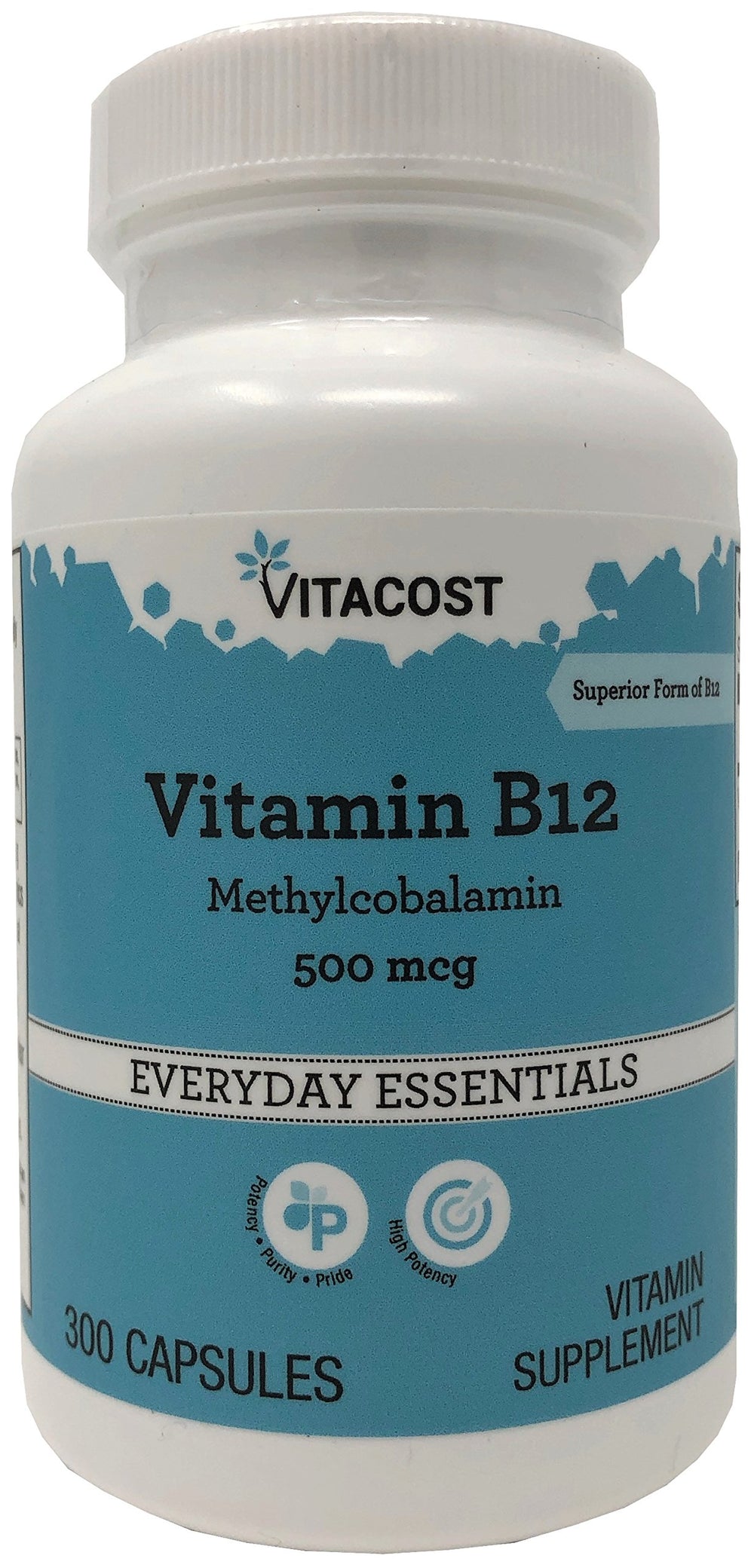 Vitacost B-12 Methylcobalamin bottle demonstrates high-potency energy support benefits.