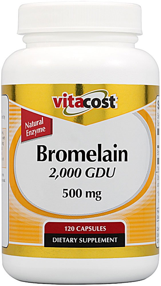 Vitacost Bromelain 2,000 GDU bottle, enzyme from pineapple aiding protein digestion.