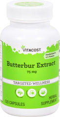 Vitacost Butterbur Extract 75 mg bottle ready for daily use, a convenient wellness option