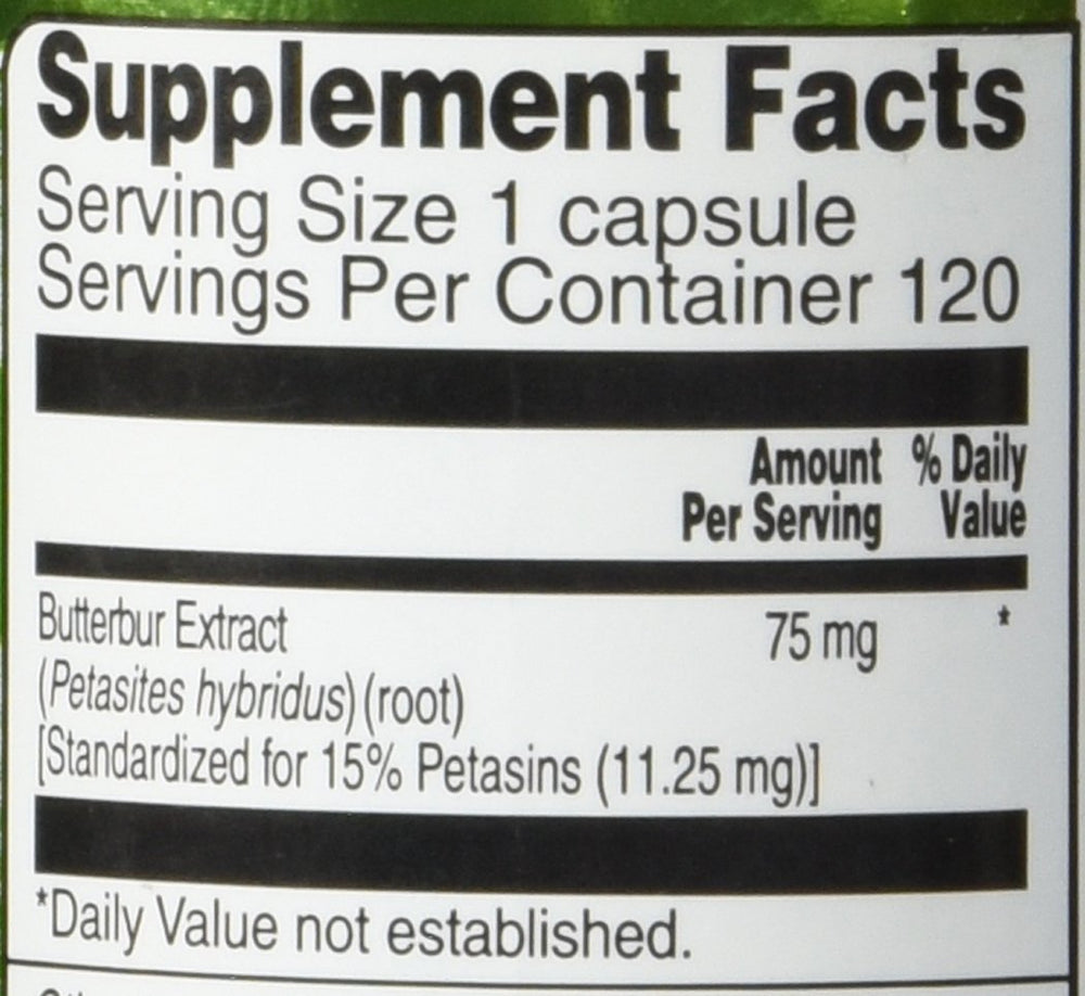 Vitacost Butterbur Extract capsules closeup, standardized potency for consistent daily use