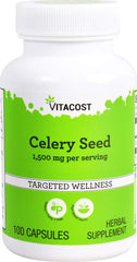 Vitacost Celery Seed bottle shows 1,500 mg per serving for daily supplement routines, allergen-free.