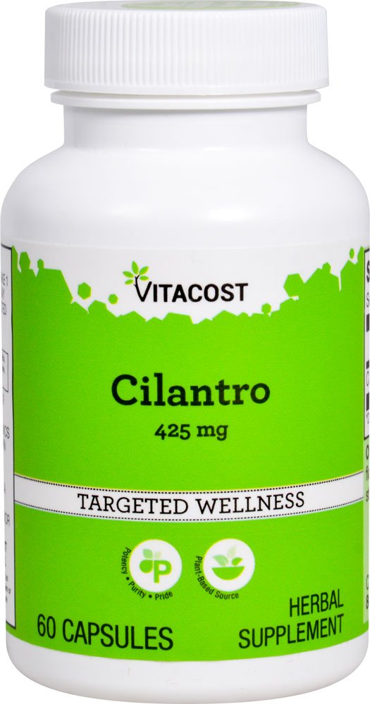 Vitacost Cilantro 425 mg bottle with convenient capsules for daily herbal support.