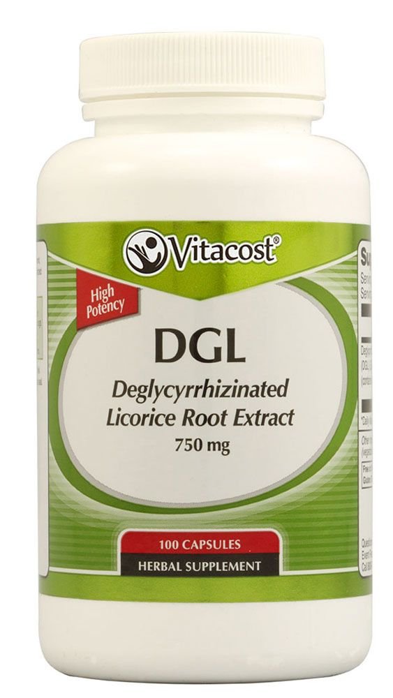 Vitacost DGL licorice root bottle with easy-to-swallow capsules for daily support.