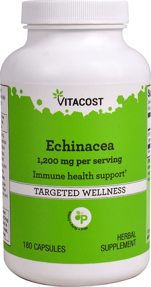 Vitacost Echinacea bottle with capsules for immune support and everyday wellness.