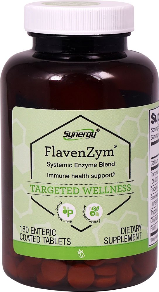 Vitacost FlavenZym bottle showing enteric-coated tablets for daily immune support