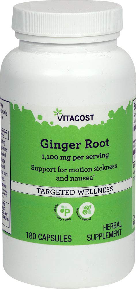 Vitacost Ginger Root bottle with 1100 mg per serving, supports digestion and occasional nausea relief.