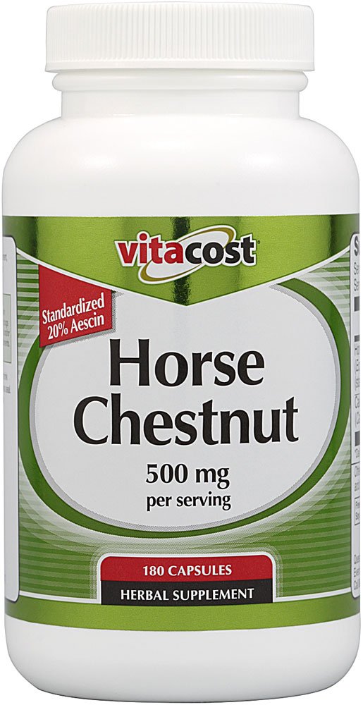 Vitacost Horse Chestnut bottle with updated packaging and 20% aescin standardization for vein support.