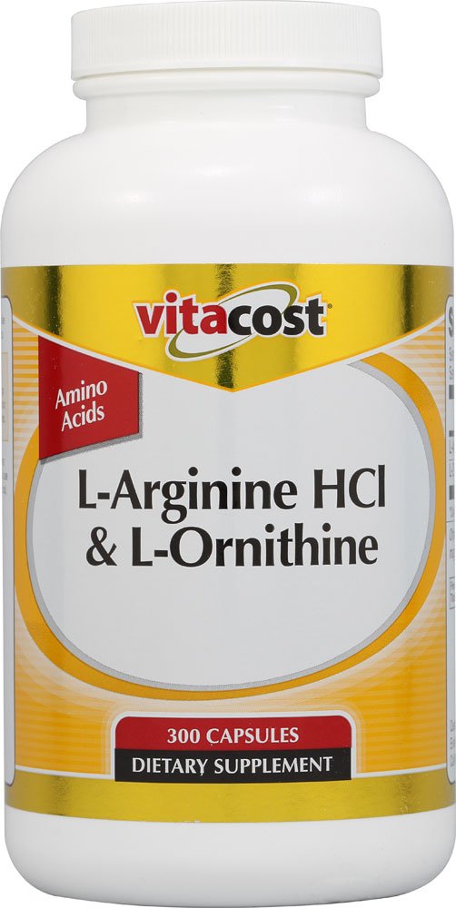 Vitacost L-Arginine HCl & L-Ornithine bottle highlighting NSF-certified quality and value