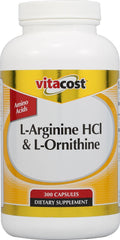 Vitacost L-Arginine HCl & L-Ornithine bottle highlighting NSF-certified quality and value